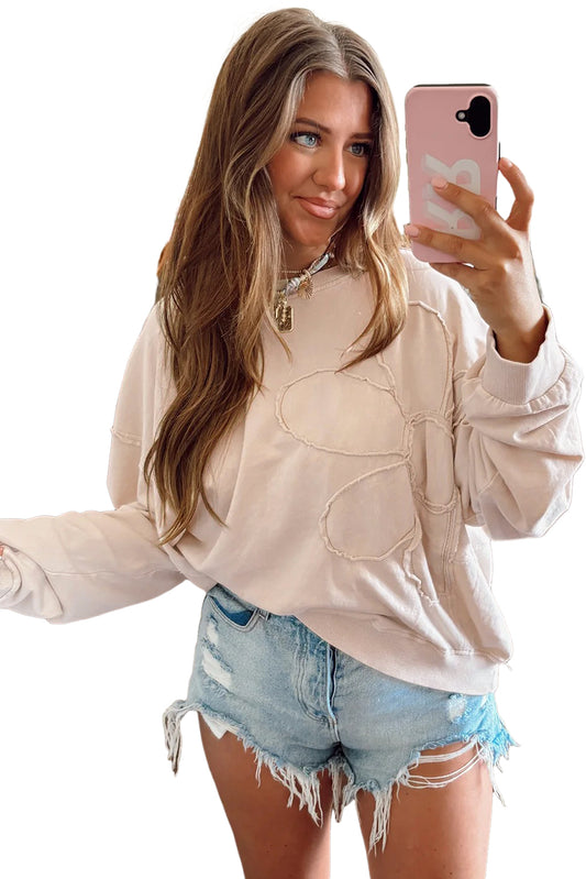 Beige Raw Edge Flower Patch Drop Shoulder Long Sleeve Top