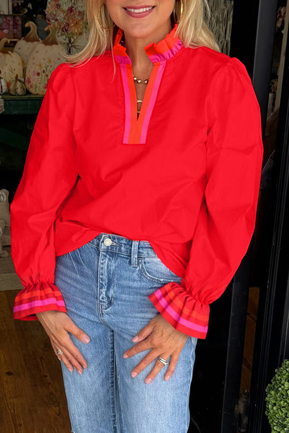 Black Striped Trim Ruffle Split Neck Long Sleeve Blouse