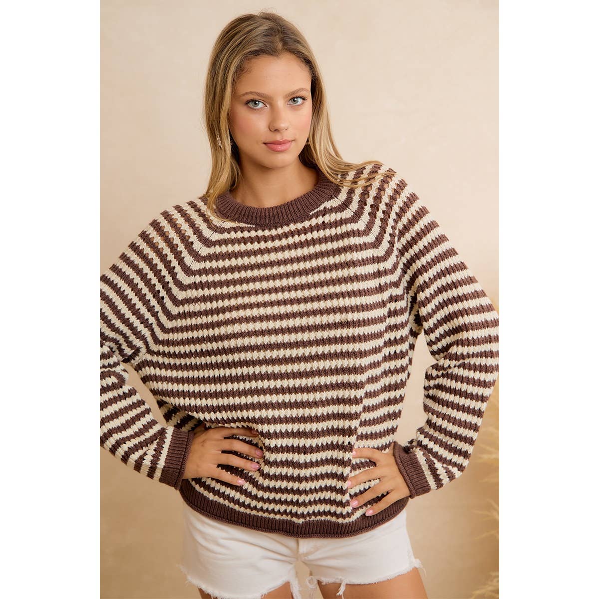 CLASSIC BROWN STRIPED RELAXED FIT KNIT PULLOVER SWEATER