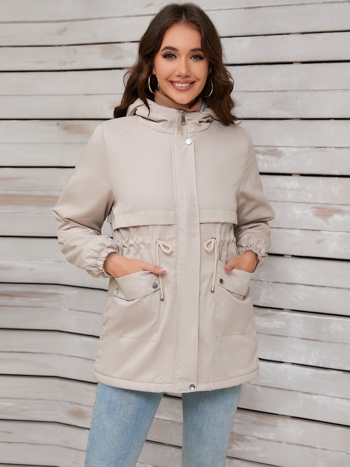 Drawstring Long Sleeve Hooded Jacket