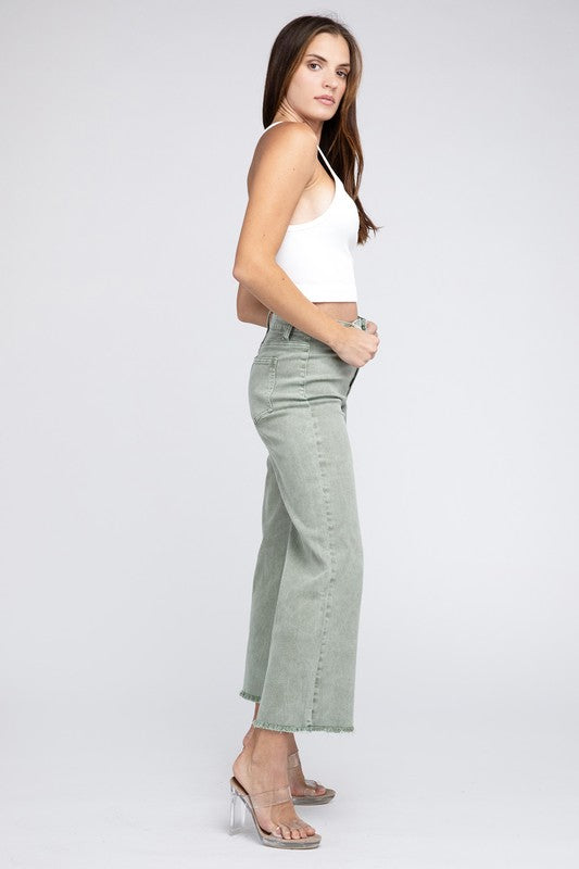 Acid Wash Frayed Cutoff Hem Straight Wide Pants Zenana