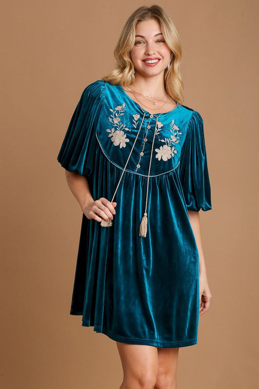 Umgee Embroidered Half Sleeve Velvet Mini Dress with Tassel