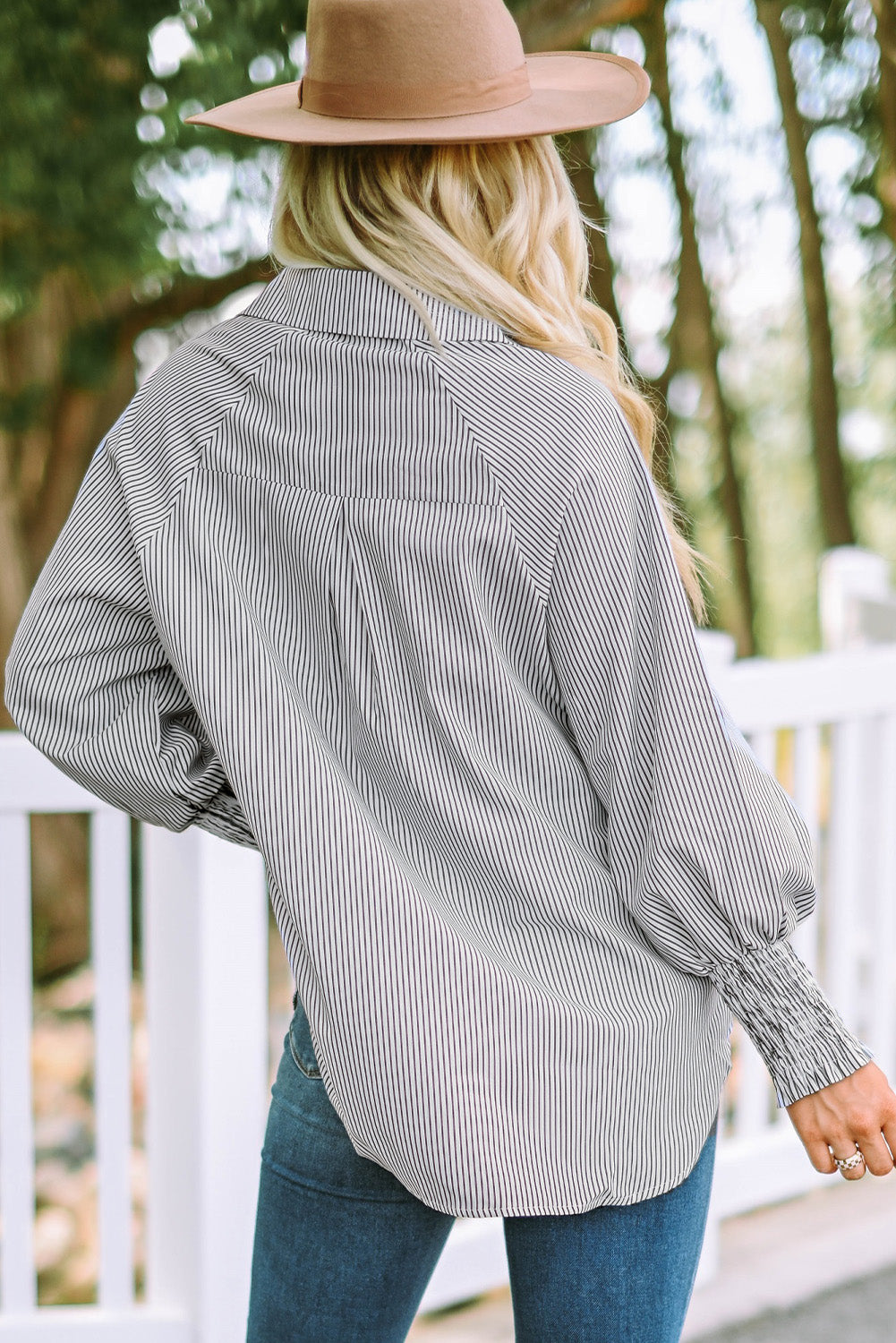 Light Blue Striped Casual Shirred Cuffs Shirt