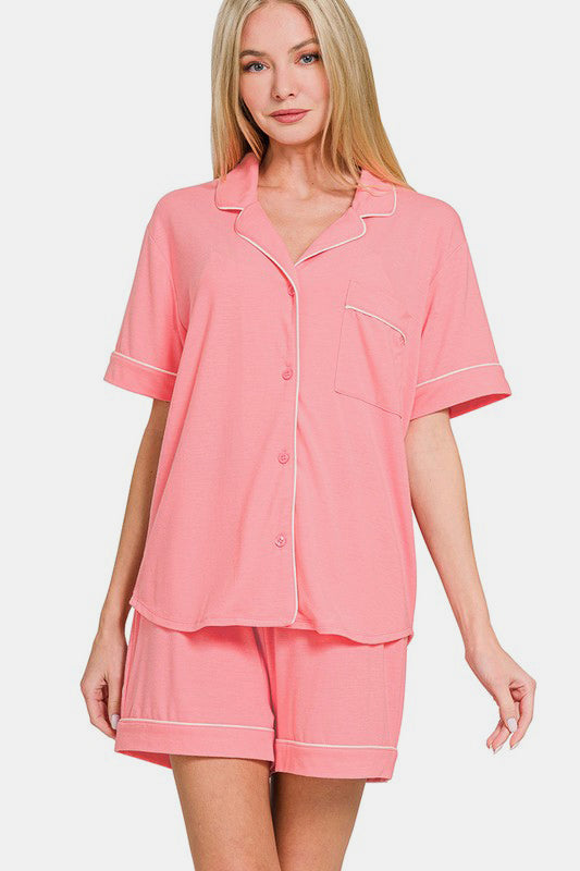 Zenana Button Down Short Sleeve Top and Shorts Lounge Set