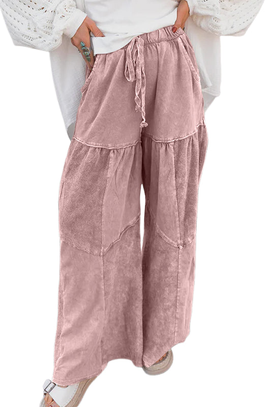 Mineral Wash Tiered Wide Leg Patchwork Drawstring Pants