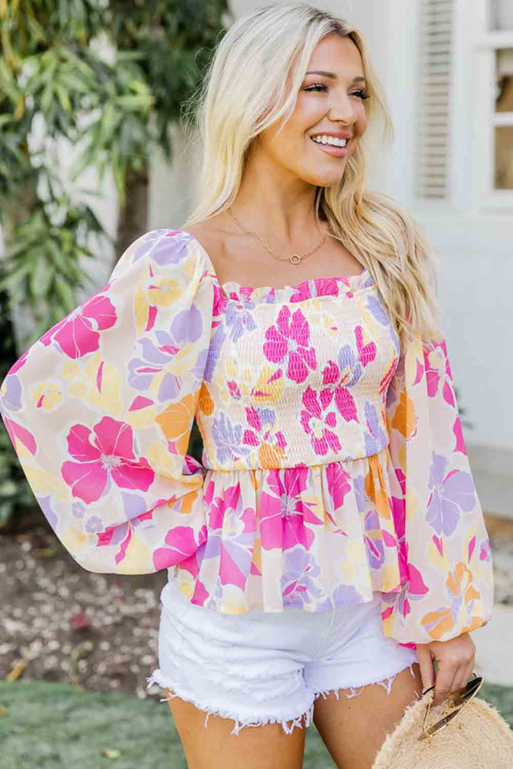 Pink Floral Print Smocked Square Neck Peplum Blouse