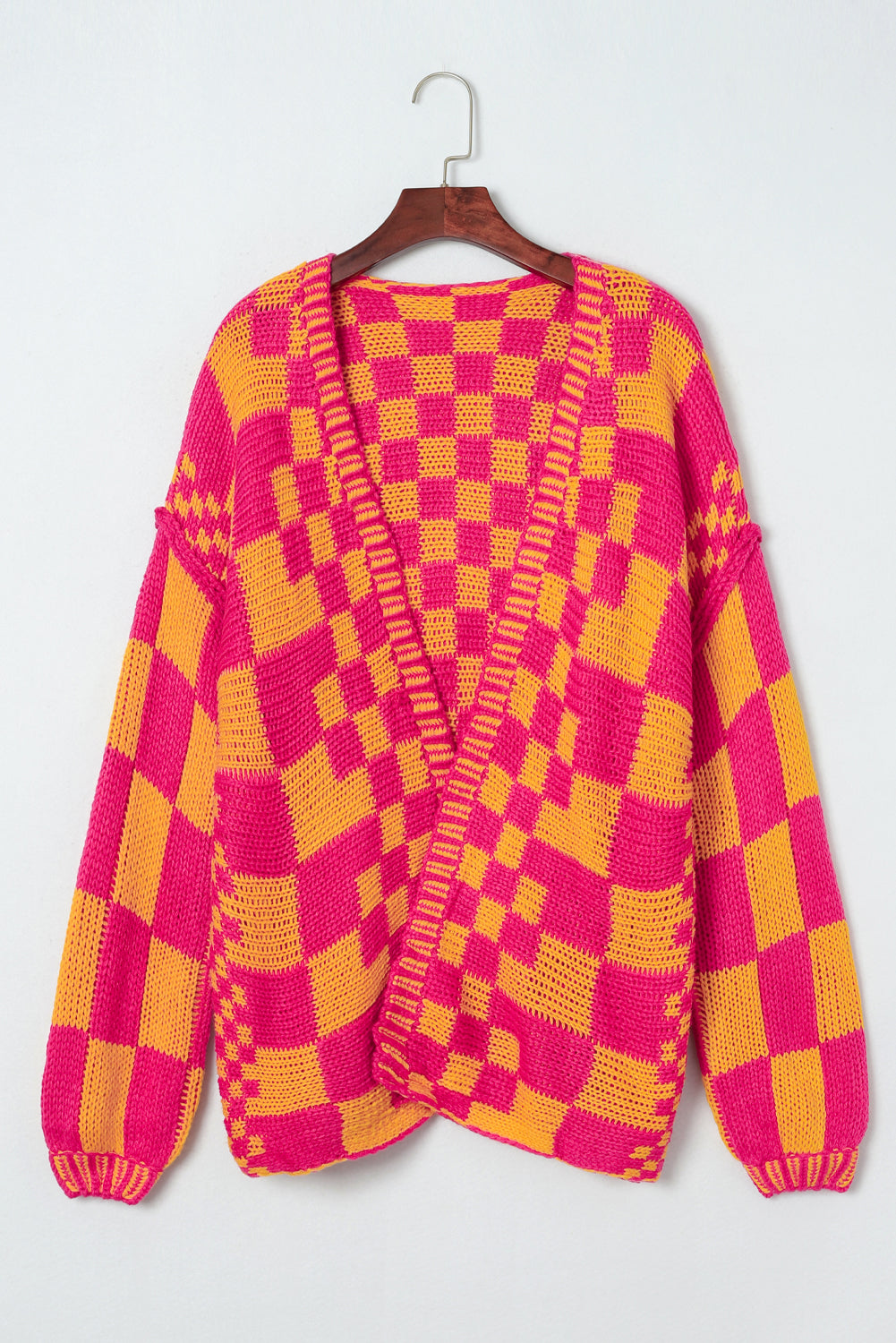 Orchid Petal Colorblock Checked Open Front Knitted Cardigan