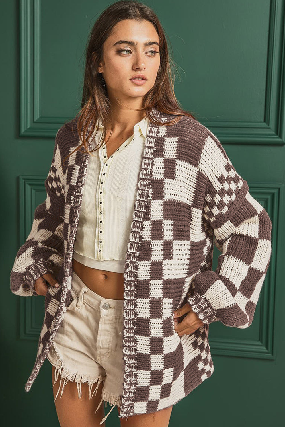 Orchid Petal Colorblock Checked Open Front Knitted Cardigan