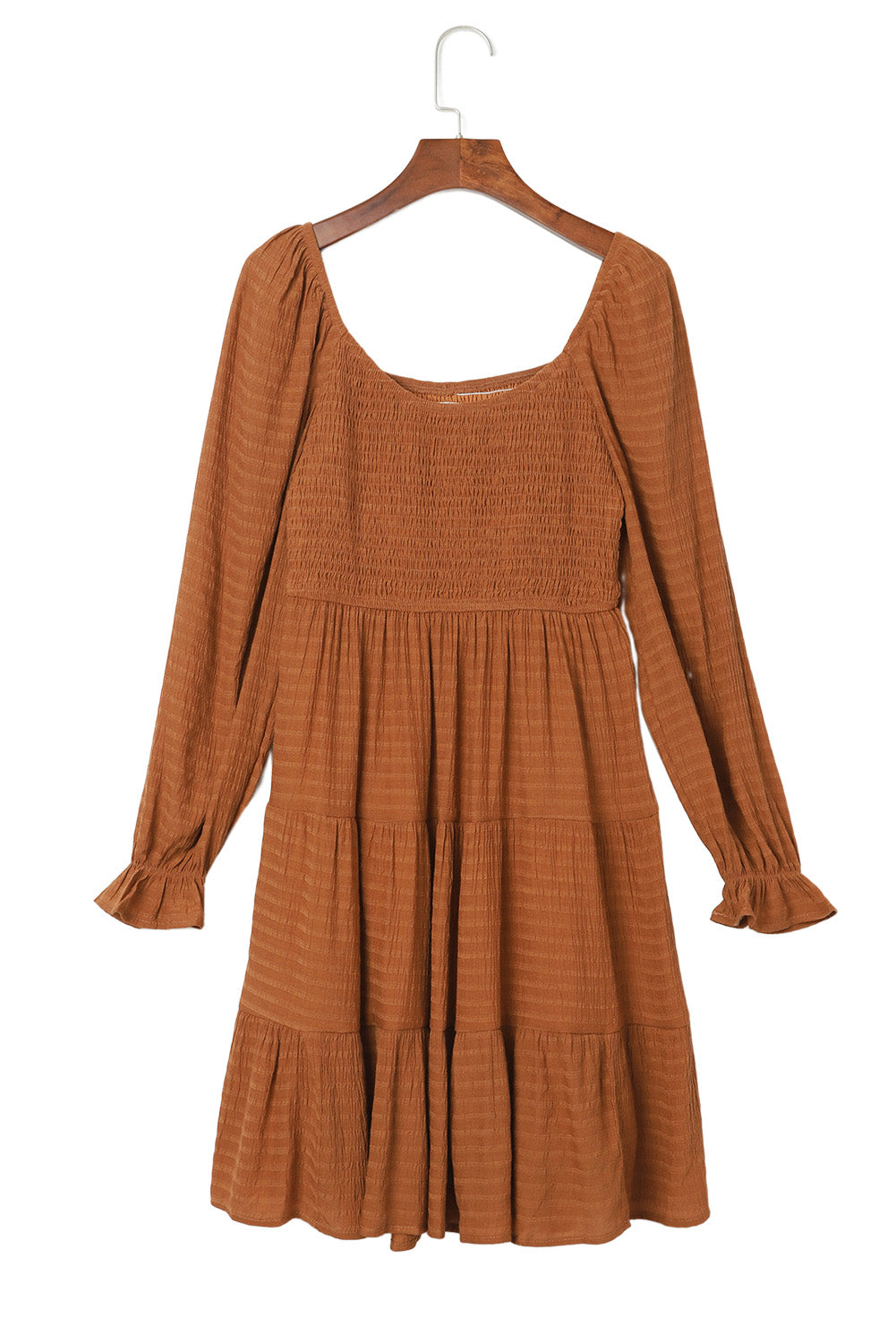 Brown Bishop Sleeve Smocked Tiered Mini Dress