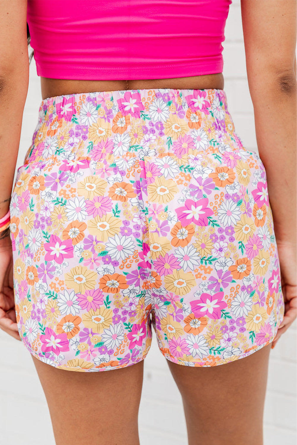 Orange Retro Floral Shirred High Waist Athletic Shorts