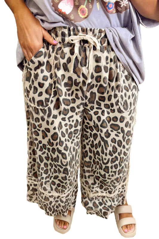 Khaki Exposed Seam Patched Pocket Plus Size Leopard Wide Leg Pants