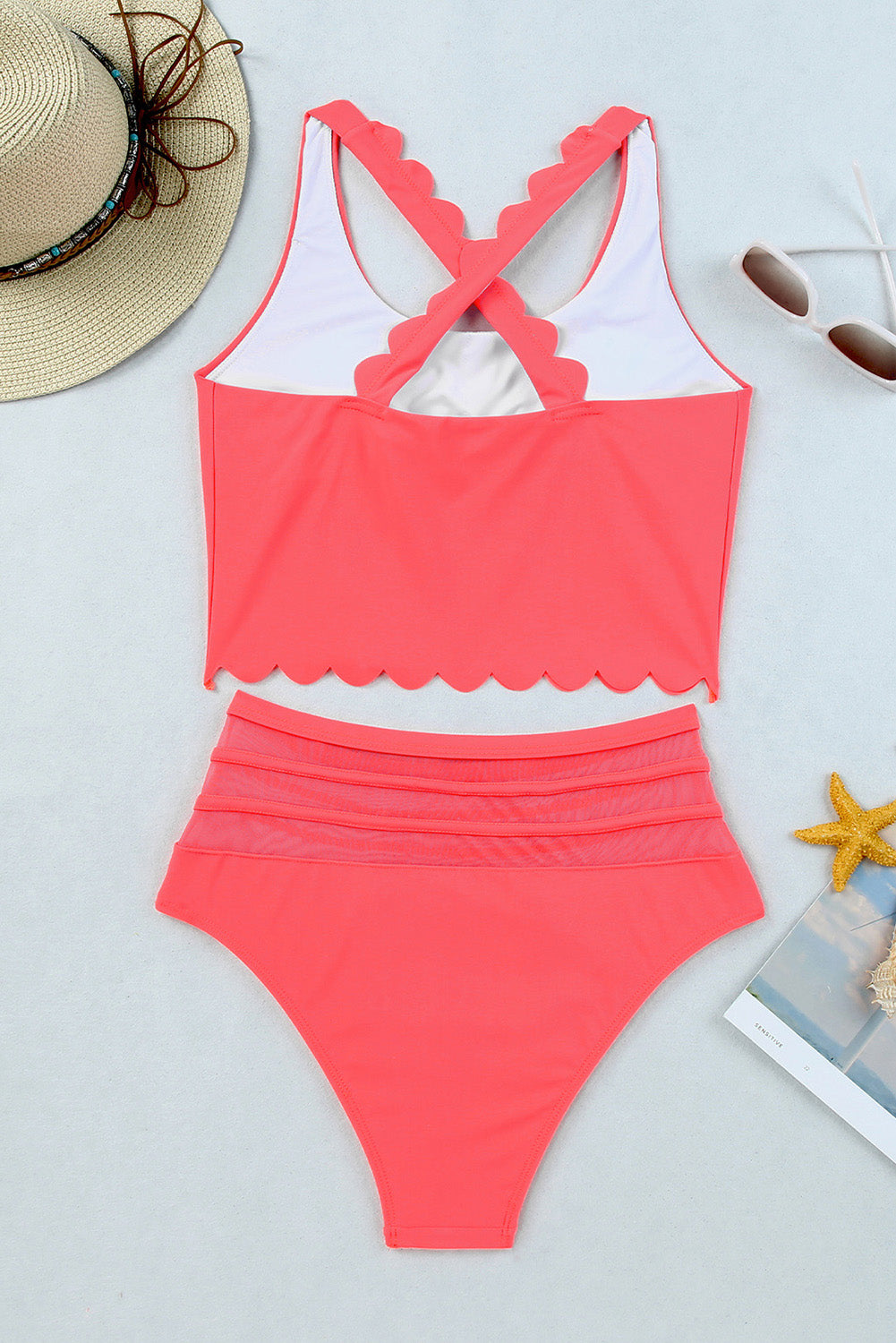 Pink Scalloped Sleeveless High Waisted Two Piece Swimsuit