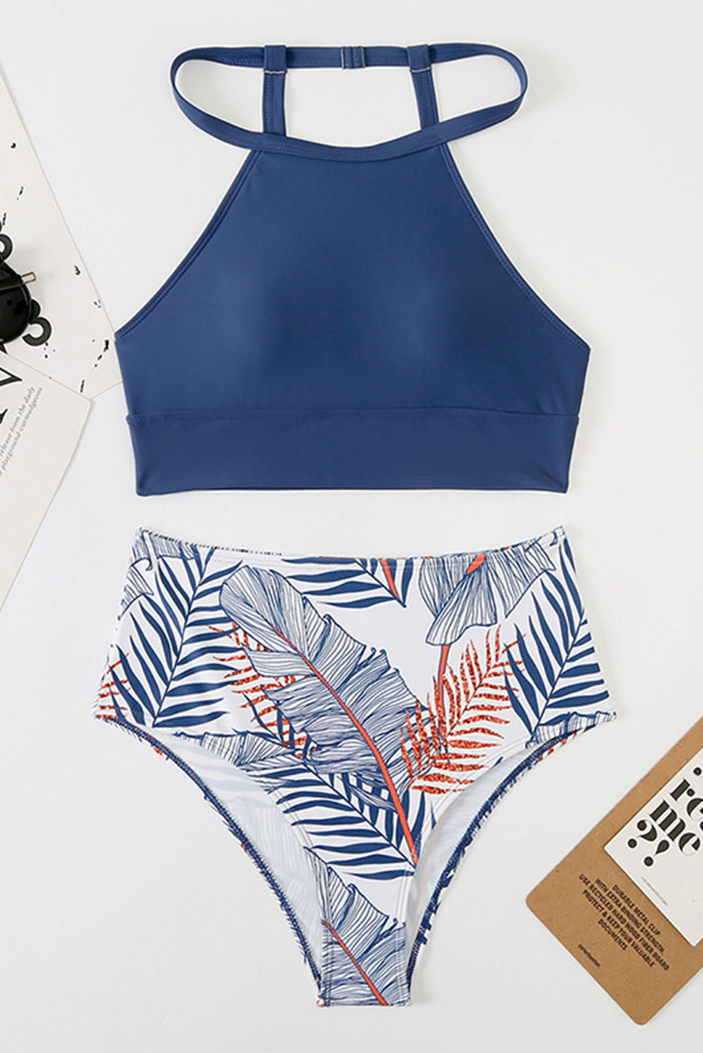 Blue Tropical Print Back Split Color Block High Waisted Swimsuit