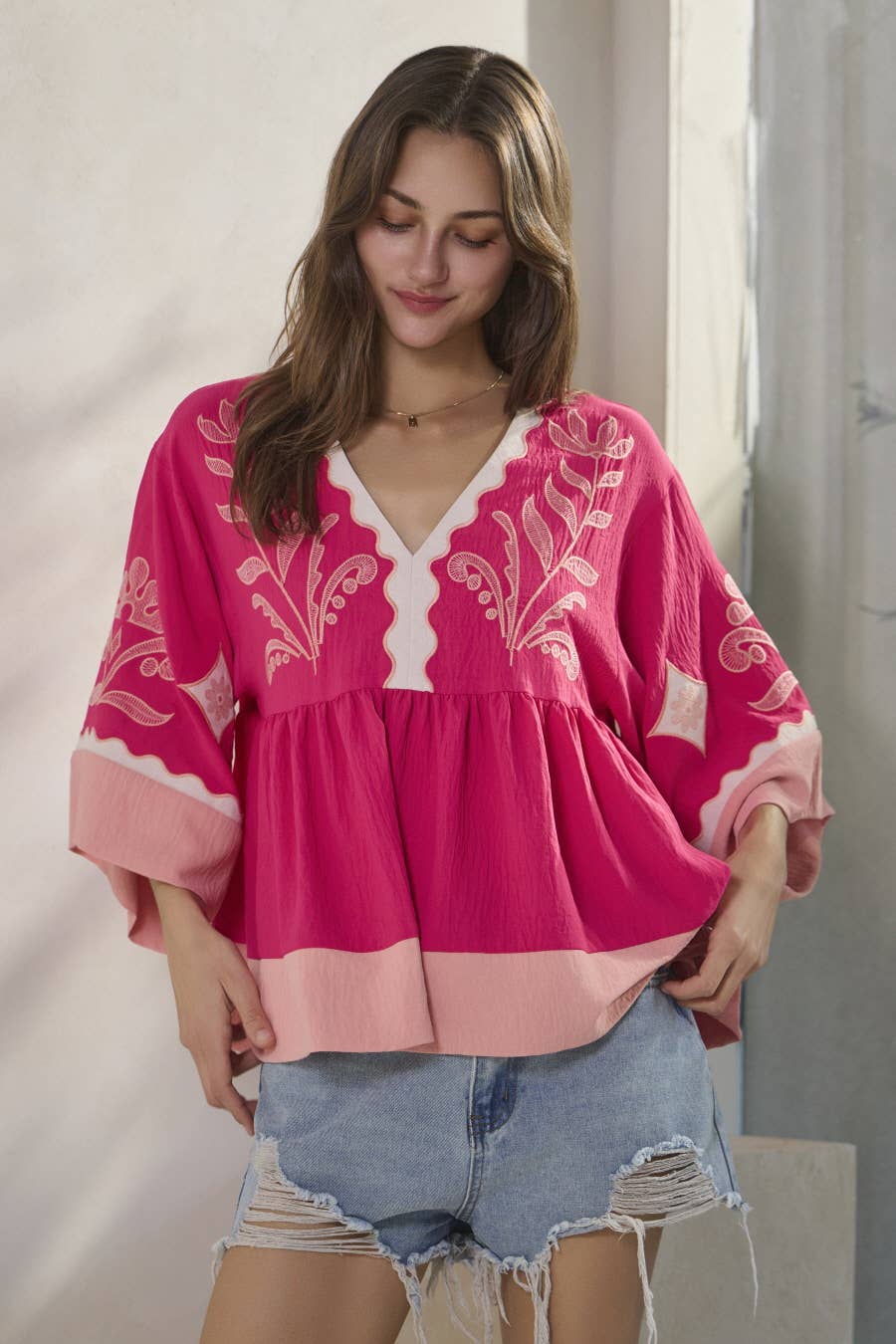 Plus Embroidered Plunge V Neck Top