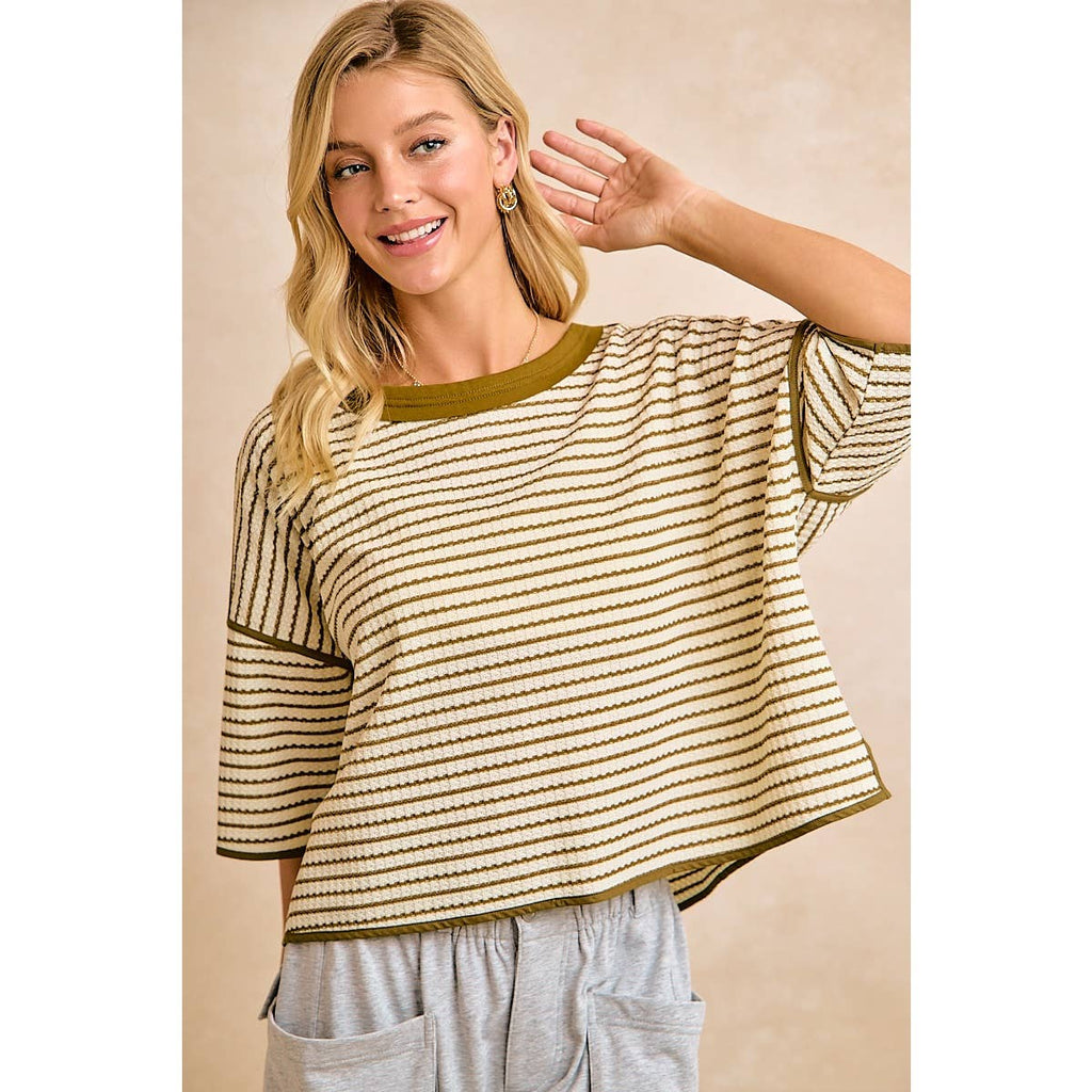 WAFFLE STRIPE WITH BINDING DETAIL RELAXED FIT TOP