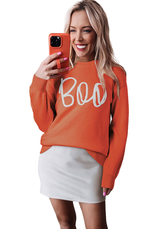 Orange Halloween Boo Drop Shoulder Knit Sweater