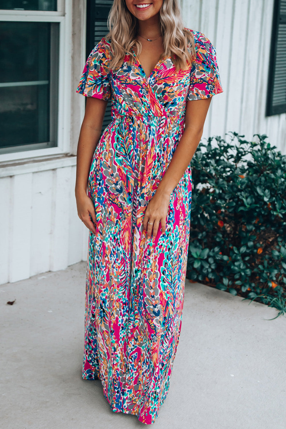 Rose Boho Abstract Print Wrap V Neck Short Sleeve Maxi Dress