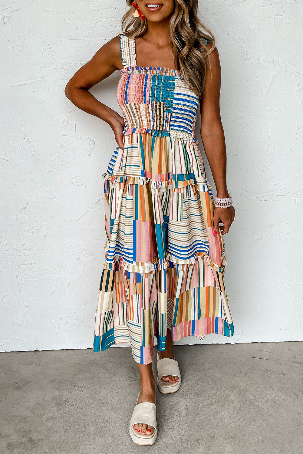 Khaki Mix Striped Wide Straps Smocked Tiered Maxi Dress