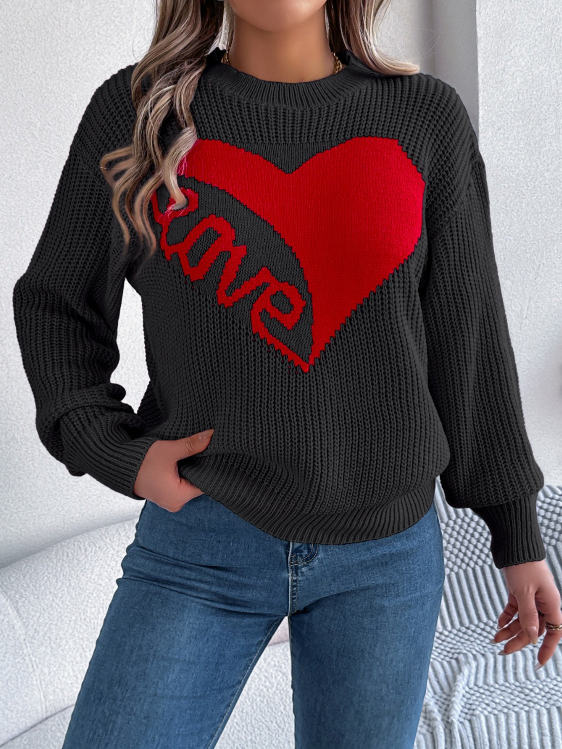 LOVE Heart Round Neck Dropped Shoulder Sweater