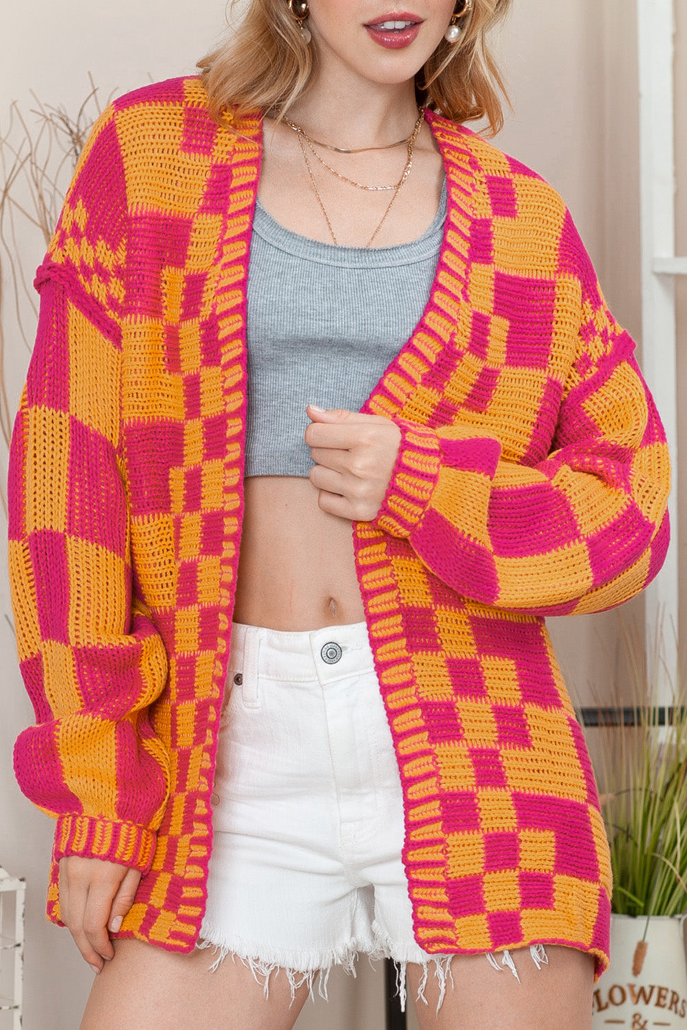 Orchid Petal Colorblock Checked Open Front Knitted Cardigan