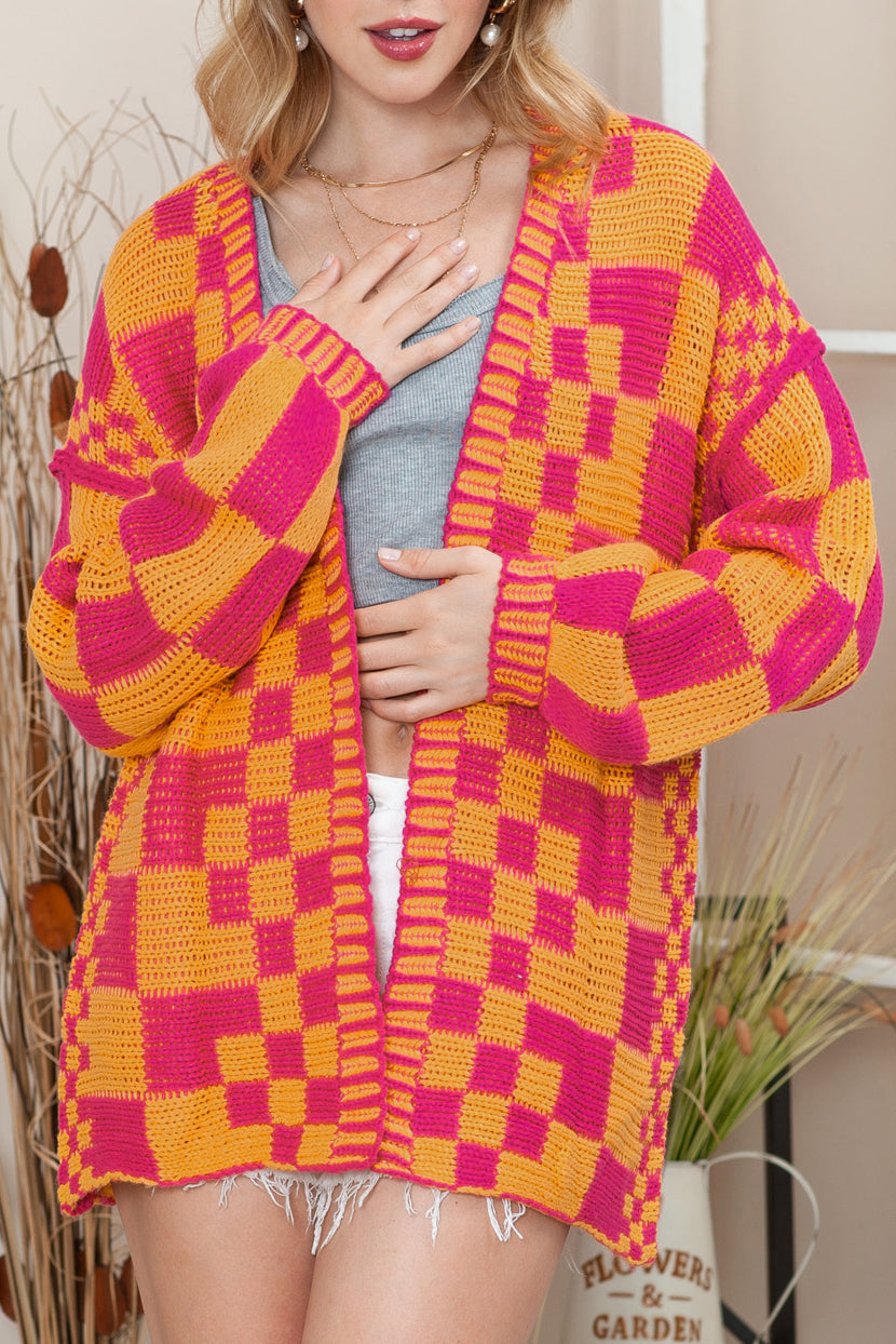 Orchid Petal Colorblock Checked Open Front Knitted Cardigan