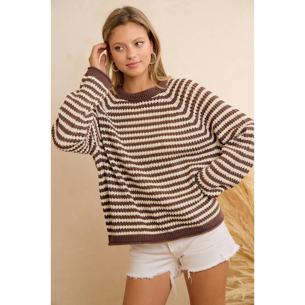 CLASSIC BROWN STRIPED RELAXED FIT KNIT PULLOVER SWEATER