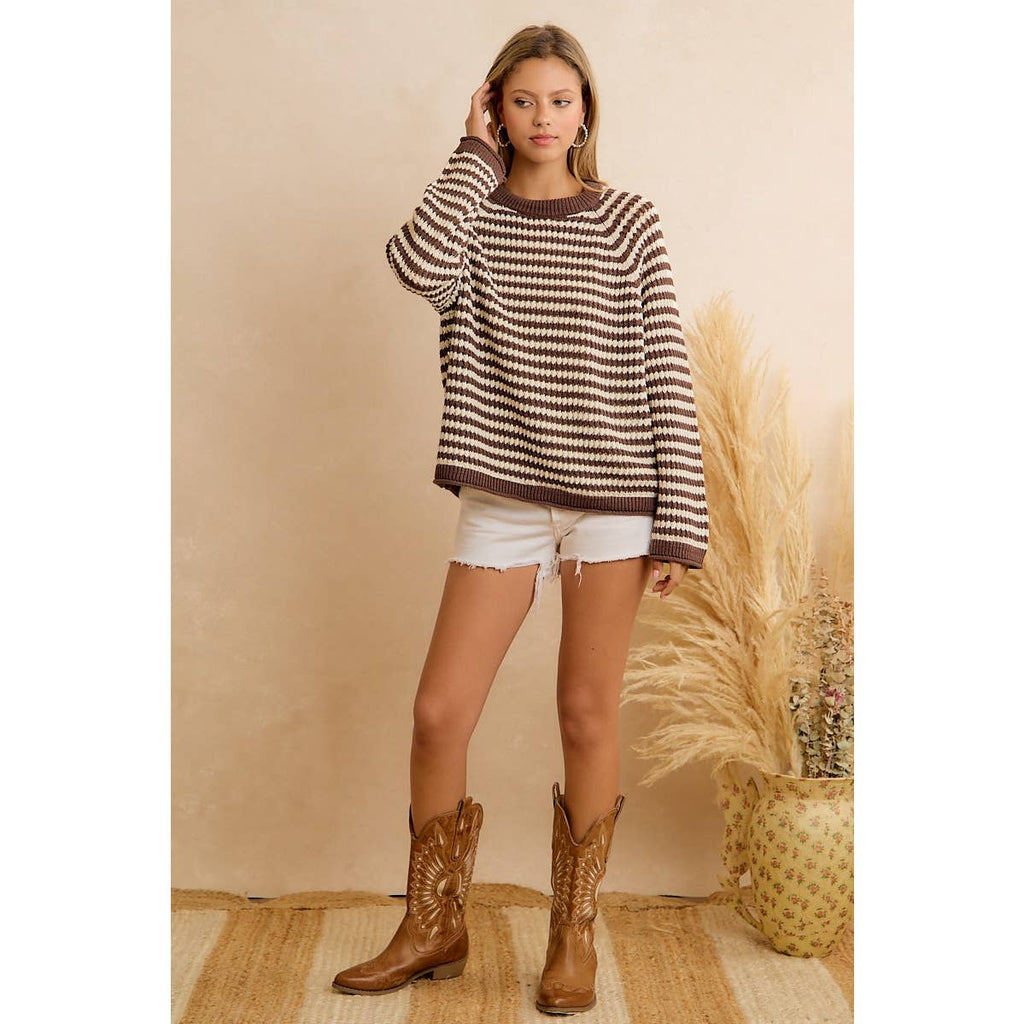 CLASSIC BROWN STRIPED RELAXED FIT KNIT PULLOVER SWEATER