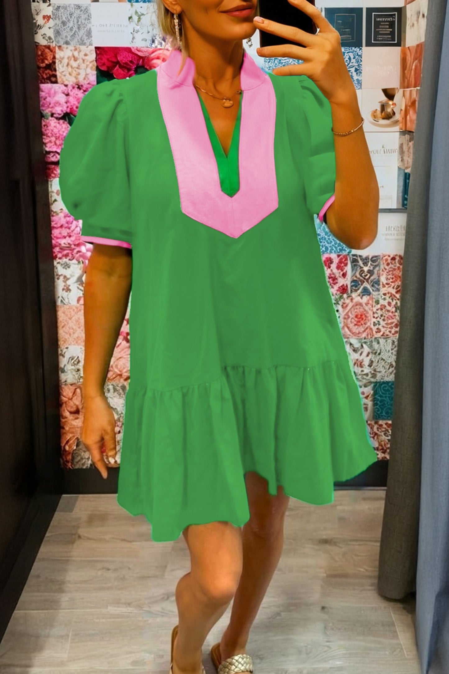 Bright Green Color Block Detail Split Neck Short Puff Sleeve Ruffle Hem Mini Dress