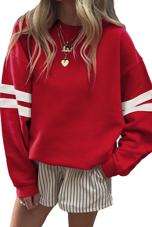 Fiery Red Preppy Striped Sleeve Loose Sweatshirt