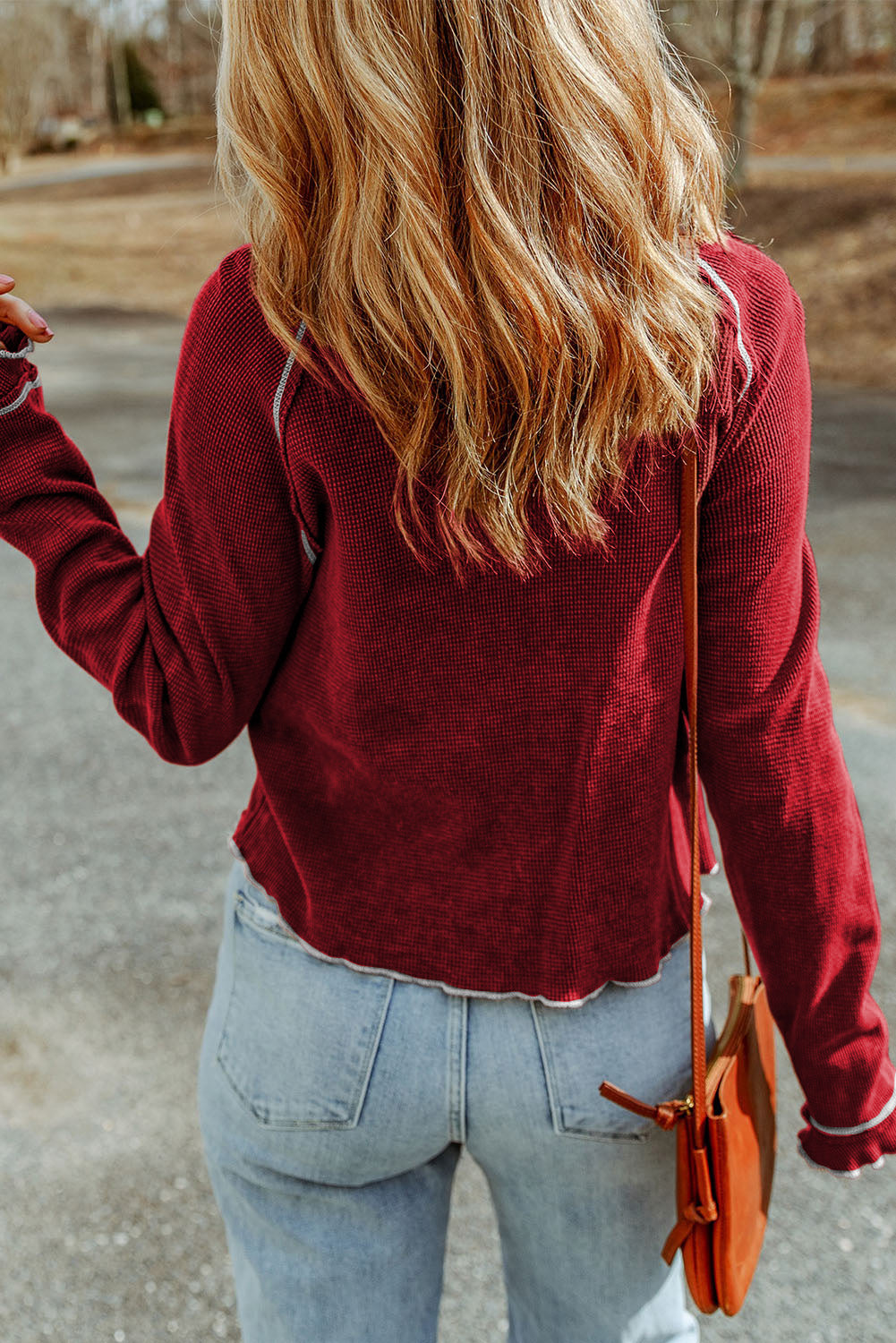 Blue Textured Round Neck Long Sleeve Top