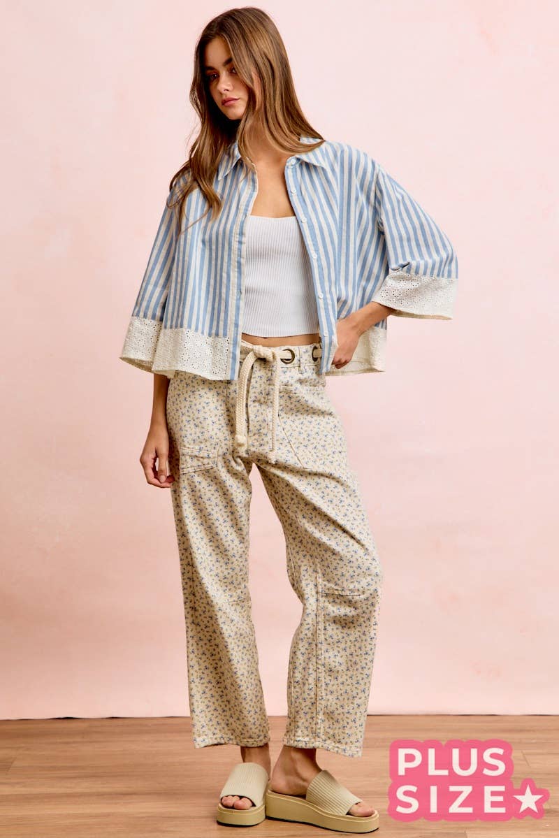 PLUS BRAIDED WAIST BELT PATCH POCKETS FLORAL PRINT PANT