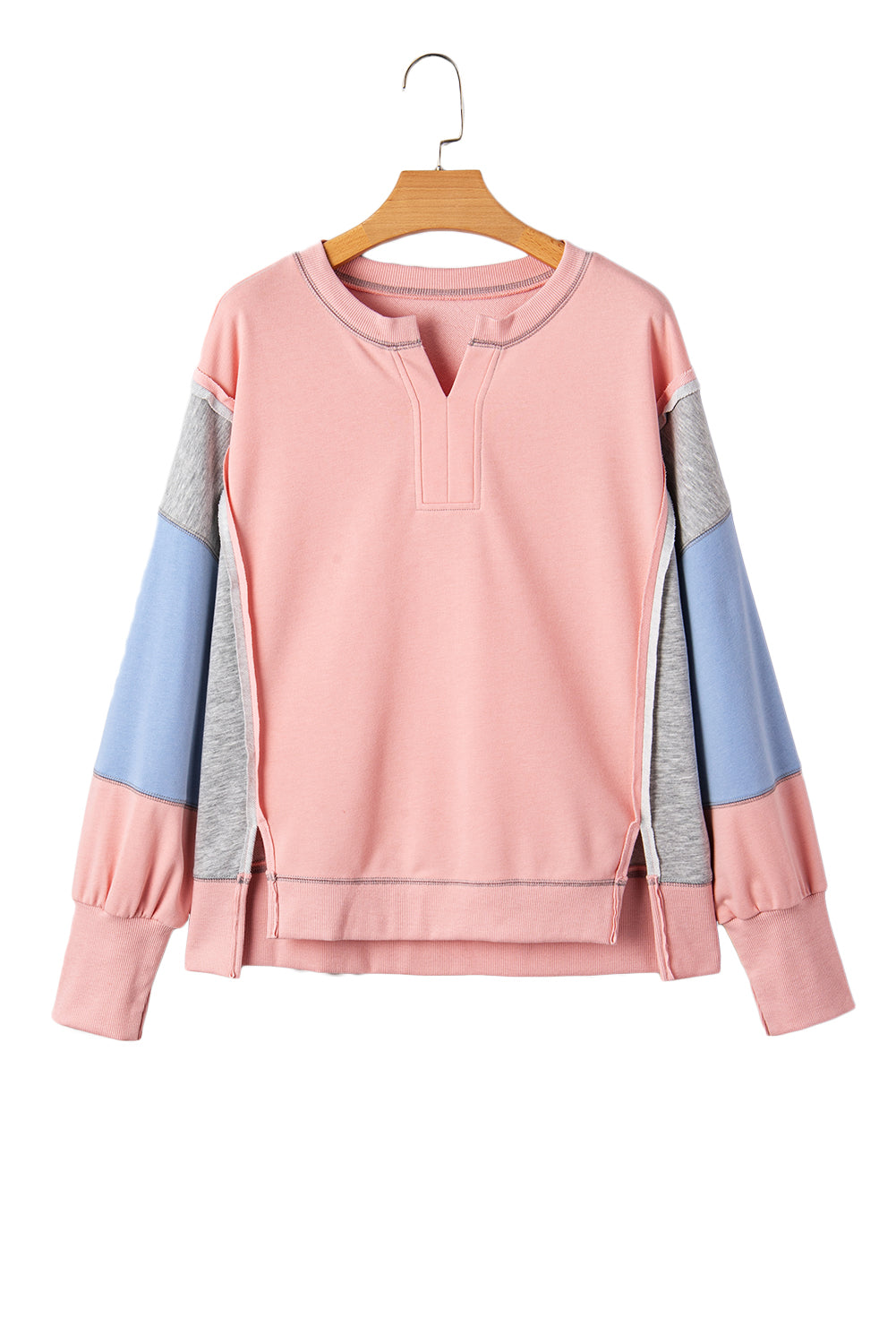 Apricot Pink Exposed Seam Colorblock Patchwork Split Cuffs Oversized Sweatshirt