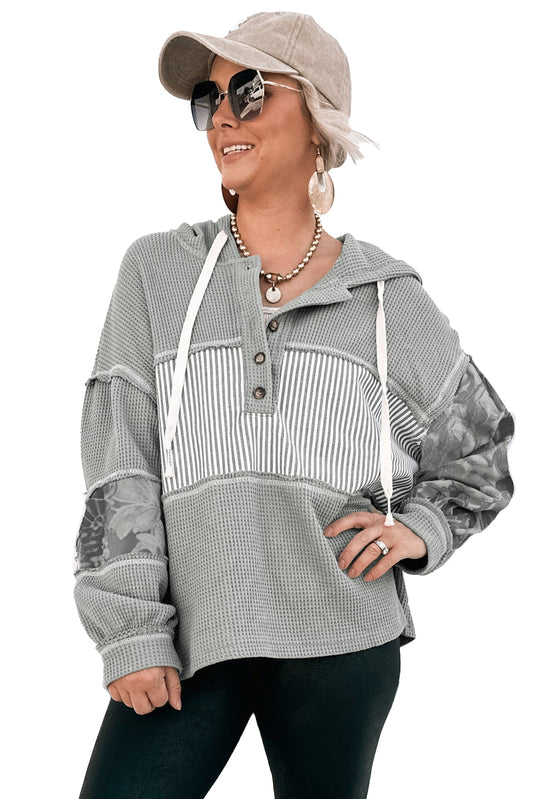 Gray Waffle Patchwork Drawstring Hooded Long Sleeve Top