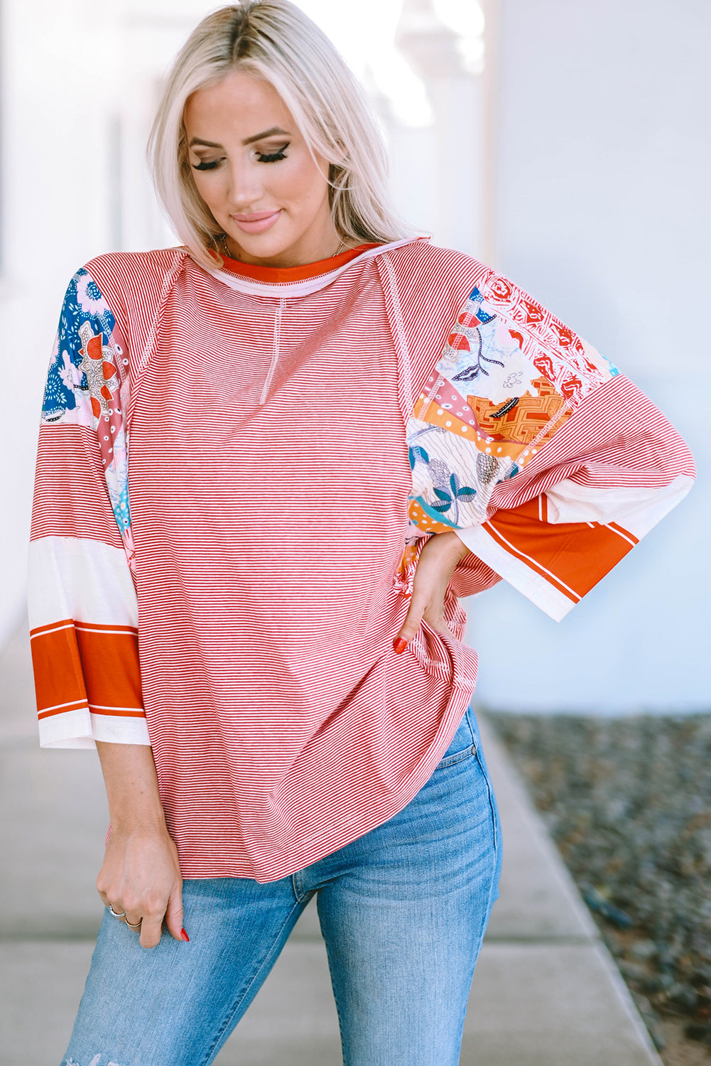 Fiery Red Pinstriped Color Block Patchwork Oversized Top