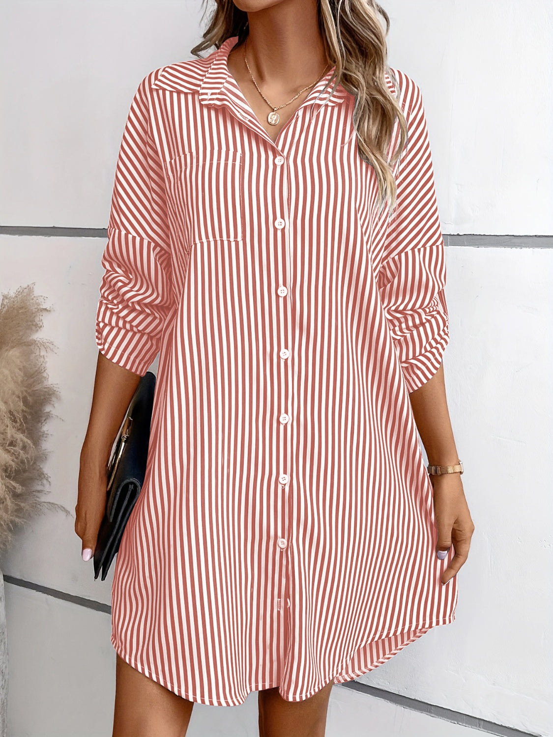 Striped Button Up Long Sleeve Mini Shirt Dress