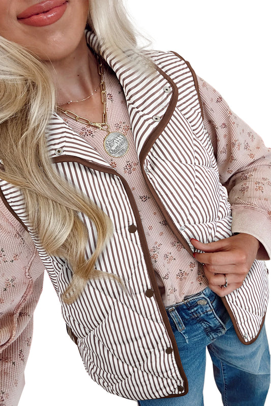 Brown Striped Snap Button Scalloped Hem Winter Vest