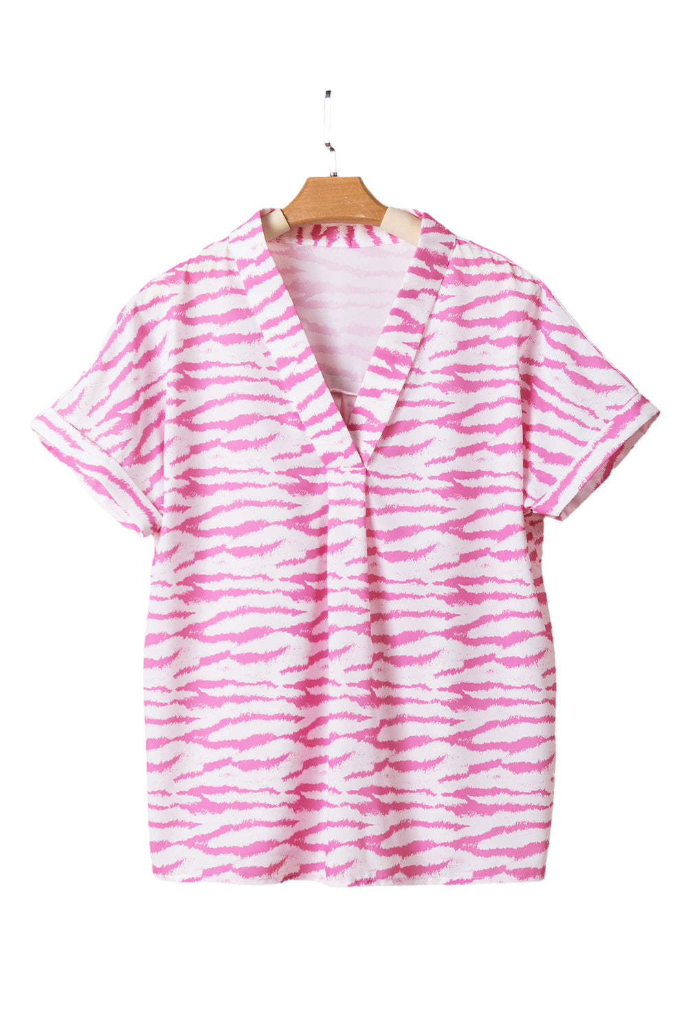 Rose Zebra Striped V-Neck Rolled-up Sleeve Blouse