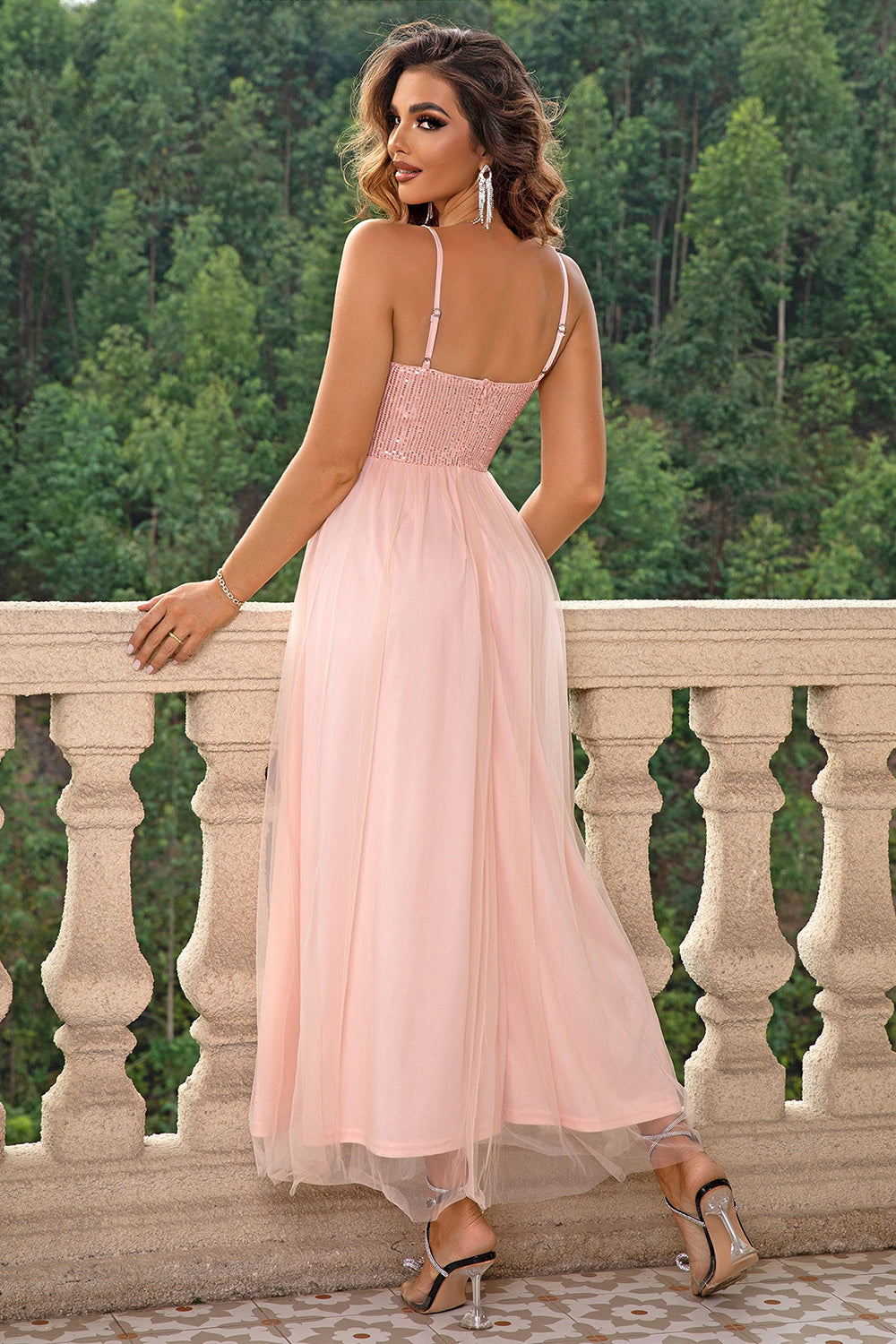 spaghetti strap plain sheer mesh evening dress Mesh Spaghetti Strap Dress