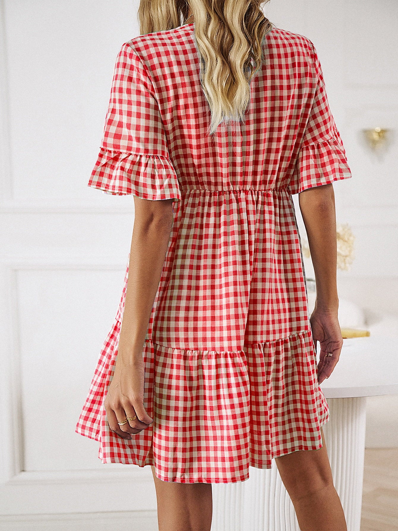 Plaid Flounce Sleeve Buttoned Mini Dress