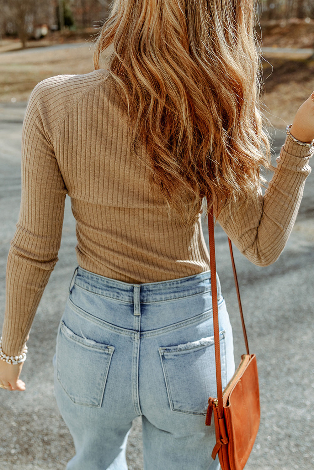 Ribbed Long Sleeve Round Neck Blouse