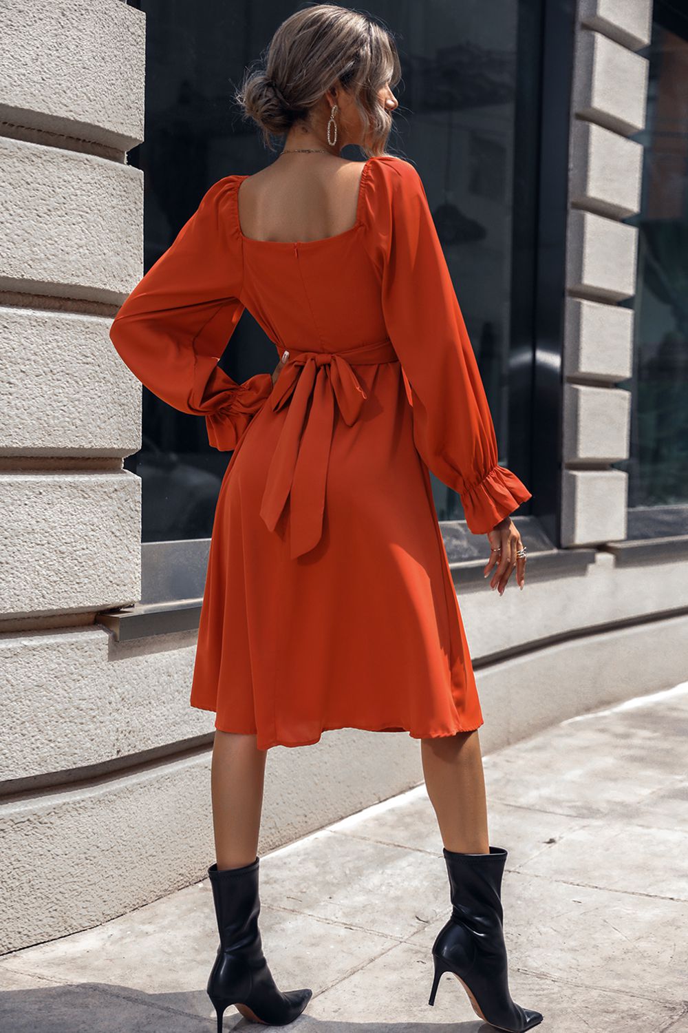 Square Neck Flounce Sleeve Midi Dress