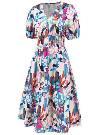 Ruched Printed Surplice Short Sleeve Dress