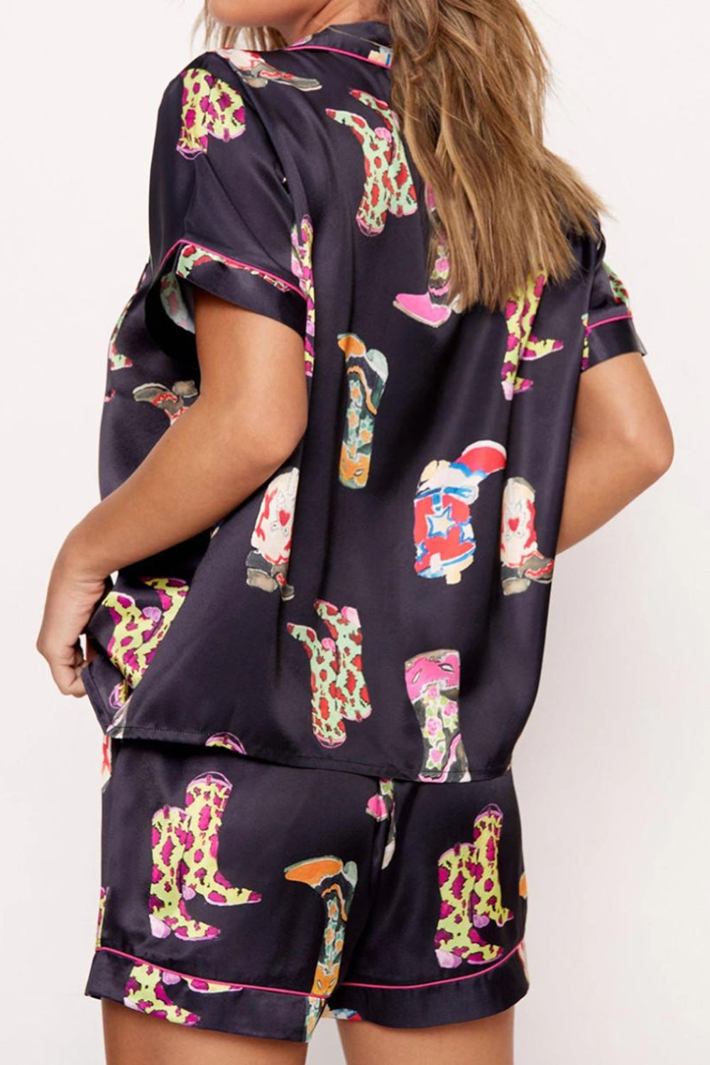 Printed Button Up Short Sleeve Top and Shorts Lounge Set