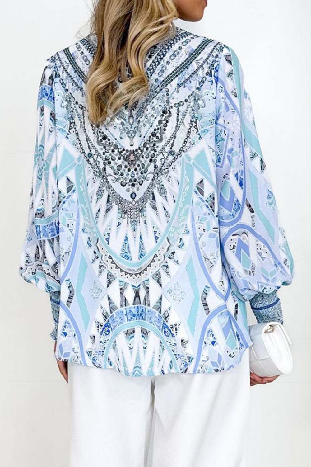 Printed V-Neck Long Sleeve Blouse