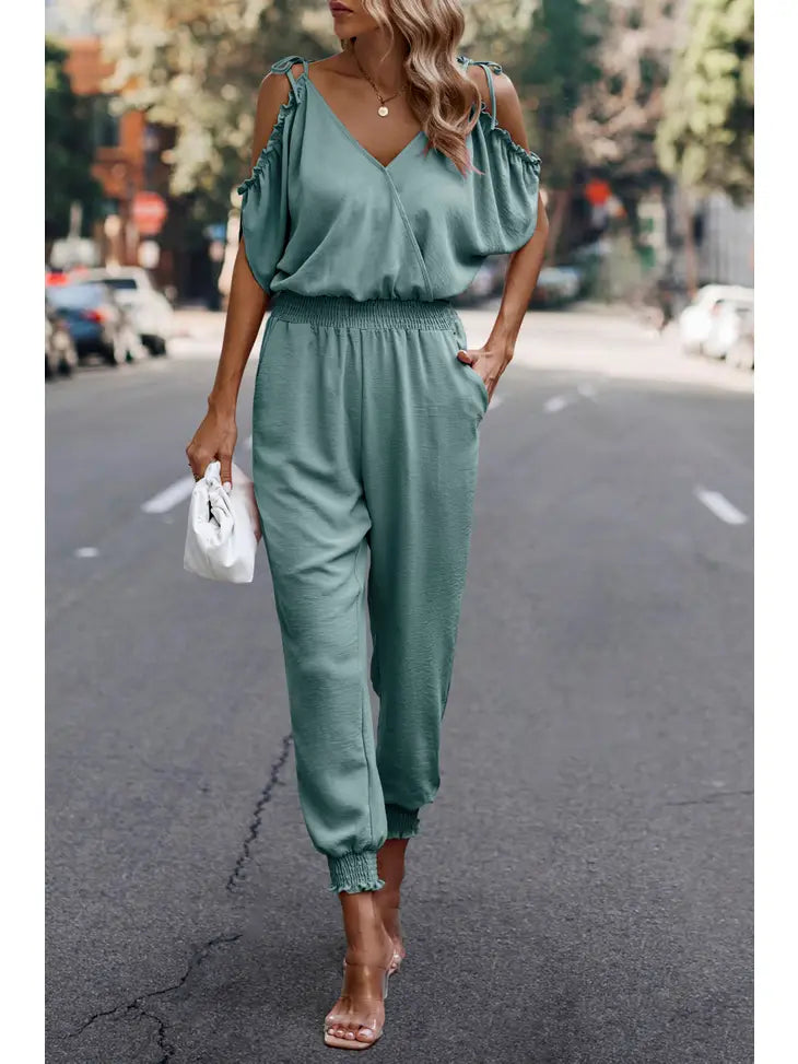 Cold Shoulder Smocked Faux Wrap Jumpsuit