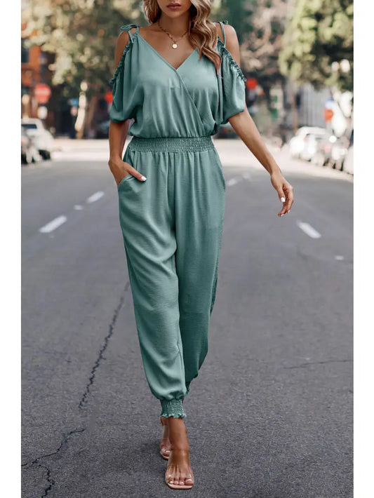 Cold Shoulder Smocked Faux Wrap Jumpsuit