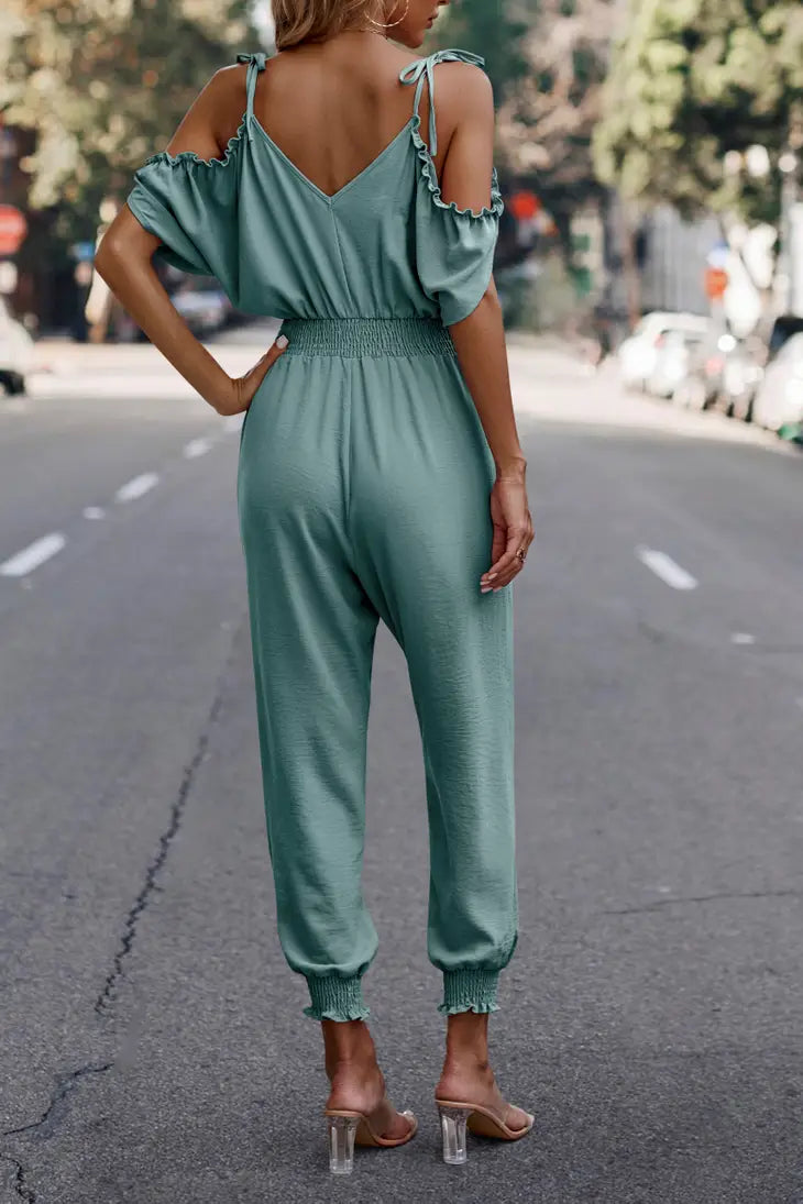 Cold Shoulder Smocked Faux Wrap Jumpsuit