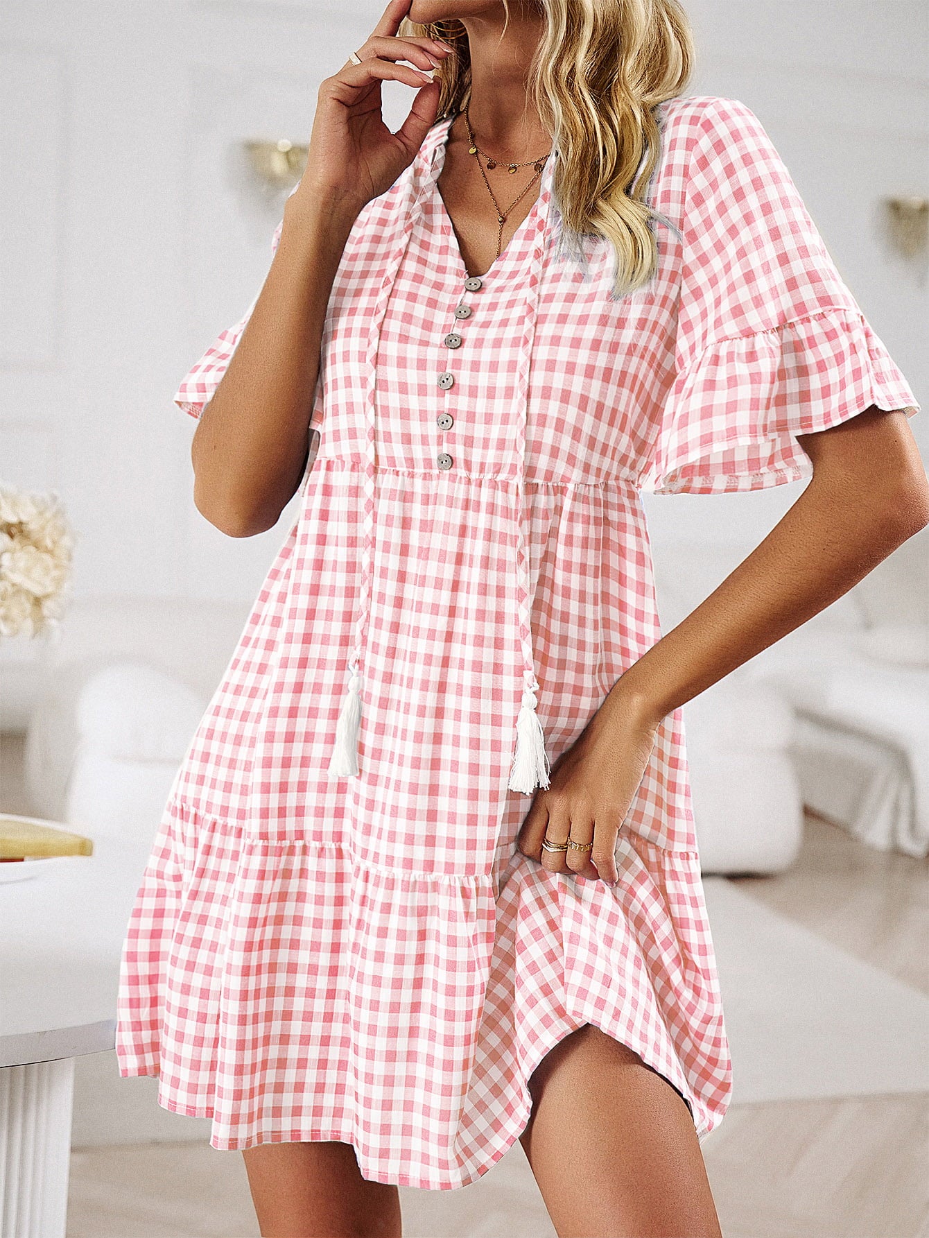 Plaid Flounce Sleeve Buttoned Mini Dress