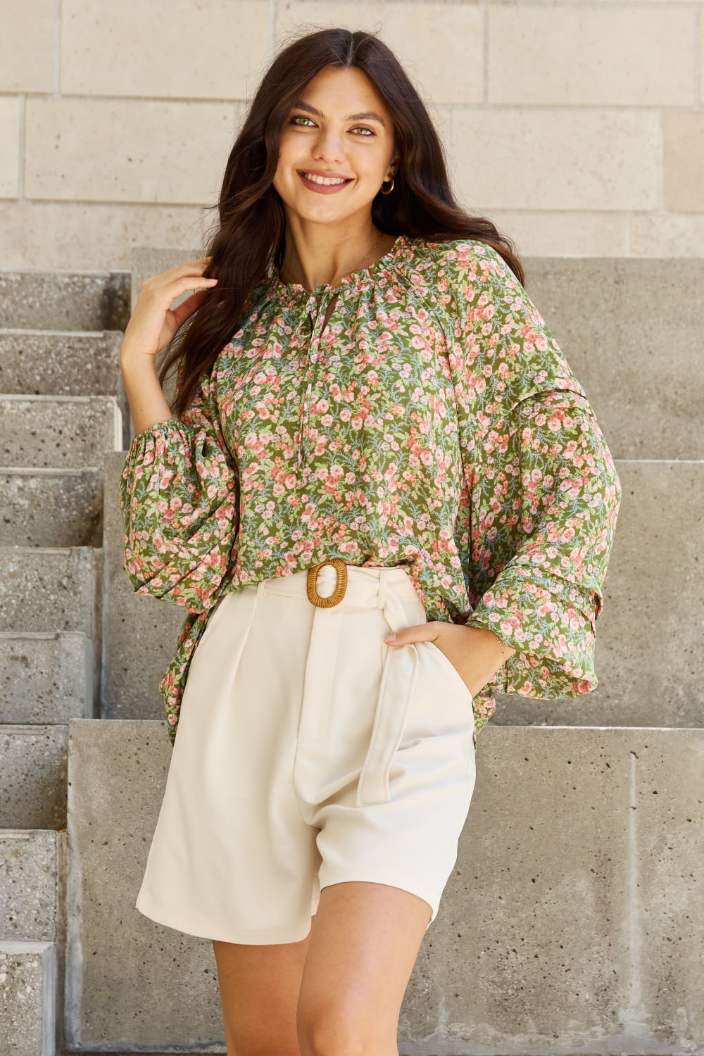 HEYSON She's Blossoming Full Size Balloon Sleeve Floral Blouse