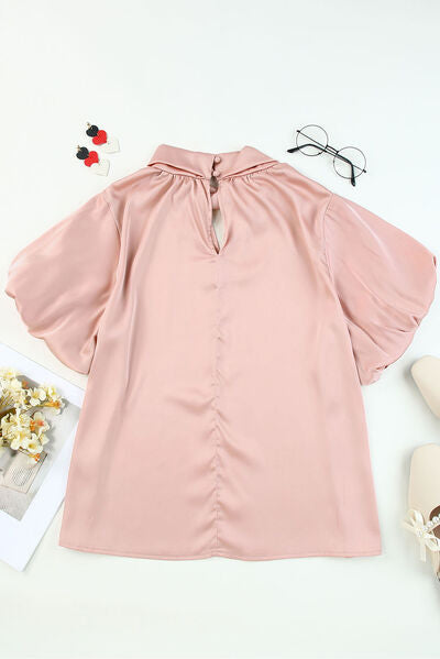 Cutout Mock Neck Balloon Sleeve Blouse